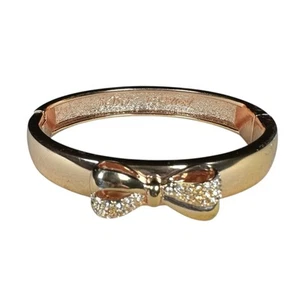 Betsey Johnson Rose Gold Tone Crystal Bow Hinged Magnetic Bangle Bracelet Flaws - Picture 1 of 16