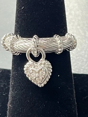 JUDITH RIPKA Sterling Silver .925 Round-Cut C Z Heart Dangle Charm Ring Size 7 - Image 1 of 4