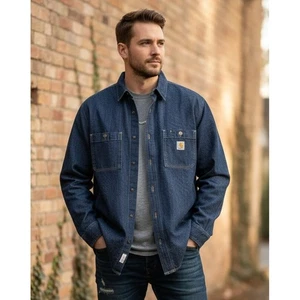 Carhartt Relaxed Fit Denim Fleece gefütterte Druckknopfleiste Hemdjacke Herren Large neu mit Etikett - Bild 1 von 12