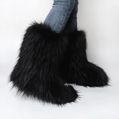 Faux Fur Boots for Women Fuzzy Fluffy Furry Round Toe Snow Winter Boots Size 8 - Image 1 of 4