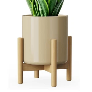 8 Inch Ceramic Planter with Wood Stand, Mid-Century Modern Minimalist Design ... - Picture 1 of 6