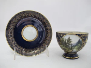 Carl Knoll CARLSBAD vergoldete handbemalte LANDSCHAFT Porzellan Kaffeetasse & Untertasse - Bild 1 von 9