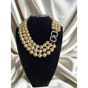 Kenneth Jay Lane 3-Row Ivory Glass Pearl Choker Necklace 22K gold electroplated - Picture 1 of 12