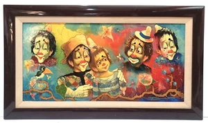 1960's LISTED HUNGARIAN / FRENCH TIBOR DAVID SIGNED ORIGINAL O/B 'CLOWNS' FRAMED - Picture 1 of 8