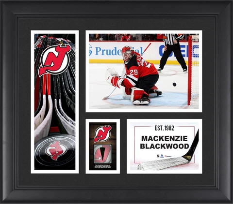 Mackenzie Blackwood Devils FRMD 15" x 17" Player Collage with a Piece of GU Puck Cover