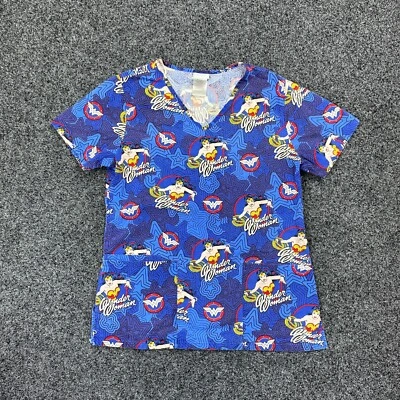 Wonder Woman Scrub Top Women's Blue Cartoon Logo DC Comics Nurse Costume Size XS - Image 1 of 4