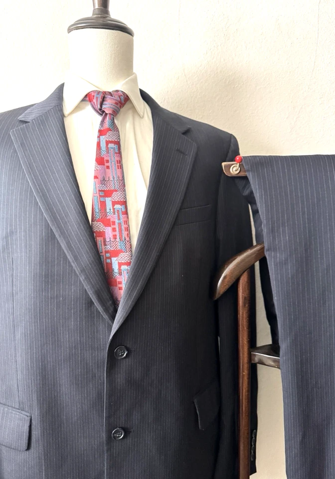 Jos A. Bank Suit 2-Piece Men's 43L Long - 36W x 35L Dark Navy Wool Striped - Image 1 of 4