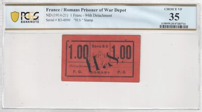 France, Romans Prisoner of War Depot, MPC, 1914-21, 1 Franc, 94th Detachment - Image 1 of 2