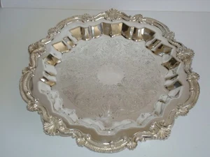 Vintage Ornate Silver-plated 13" round footed Serving Trays, 2 available - Picture 1 of 19