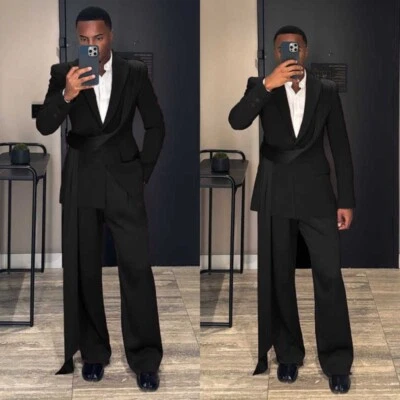 Traje Cinta Lisa Esmoquin Negro Chal Adelgazante Solapa Un Pecho Fiesta Foto 1 de 4