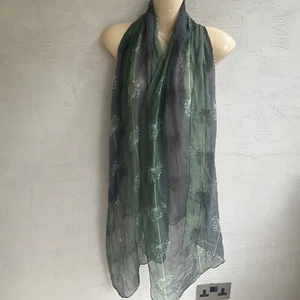 Patara 100% silk chiffon scarf fern green/grey, new - Picture 1 of 4