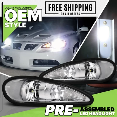 LH+RH Pair Chrome Clear Headlight+6000K LED Bulb for 1999-2005 Pontiac Grand Am - Image 1 of 4