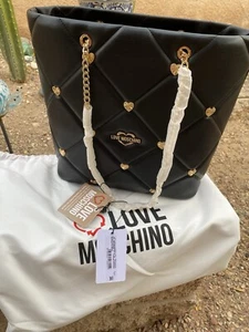 ❤️LOVE MOSCHINO Women Black Gold Embellished Quilted Eco Faux Leather Tote NWT - Picture 1 of 6