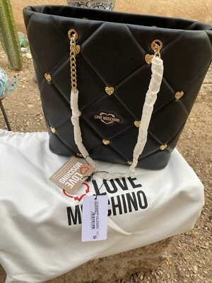 ❤️LOVE MOSCHINO Women Black Gold Embellished Quilted Eco Faux Leather Tote NWT - Image 1 of 4