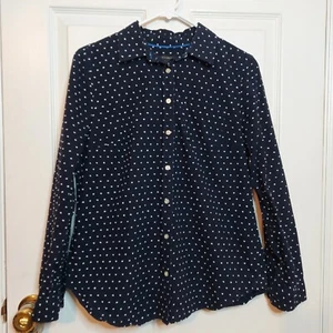 Talbots Navy Blue White Swiss Polka Dot Long Sleeve Button Up Preppy Size 10 - Picture 1 of 11