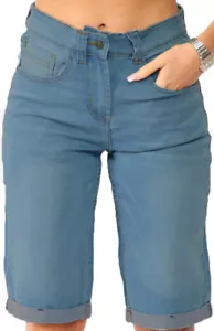 Pantaloncini donna blu Fab lunghezza ginocchio scarpe alte 5 tasche sbiadite donna plus - Foto 1 di 11