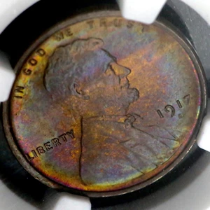 1917-D 1C Lincoln Wheat - NGC MS64 BN - Iridescent Rainbow Toning Obv/Rev CC256 - Picture 1 of 18