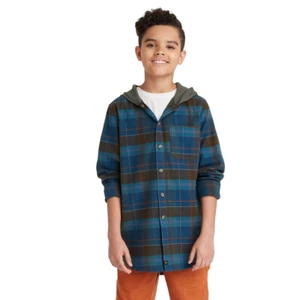 Boys Flannel Hooded Long Sleeve Button Down Shirt art class Blue Size L - Picture 1 of 1