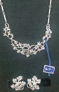 1950'S BLUE RHINESTONE SILVER Necklace Earrings Demi PARURE Set CORO USA A7 - Picture 1 of 10