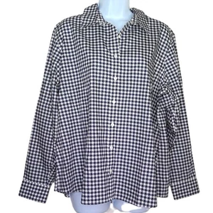 New Lands' End Houndstooth Blouse Dark Navy Blue & White Cotton NWOT Sz 16 P - Picture 1 of 7