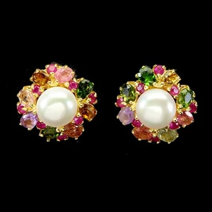 925 Sterling Silver Earrings Pear Tourmaline Ruby Pearl Natural Gemstone Jewelry - Picture 1 of 13