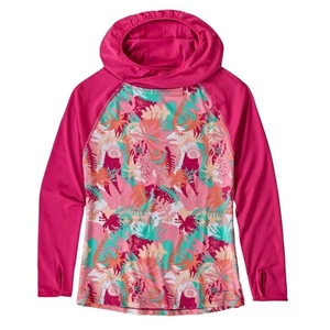 PATAGONIA Girls Capilene Silkweight Hoody Top Pink Floral Breathable Pullover 12 - Picture 1 of 14