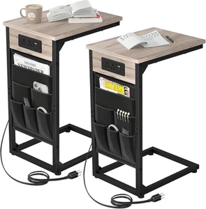 C Shaped End Table with Charging Station, TV Tray Set of 2, Couch Tables with St - Picture 1 of 7