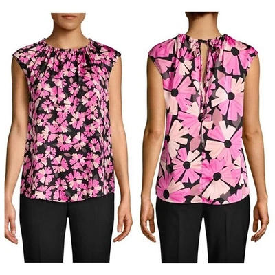 Blusa Kate Spade Flor de Pared Cuello Atado Top Concha Rosa Negra Estampado Floral Grande Foto 1 de 4