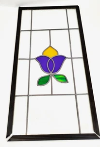 Stained Glass Window Pane Panel Purple/Yellow/Green Tulip Motif 27x13" Flower - Picture 1 of 12
