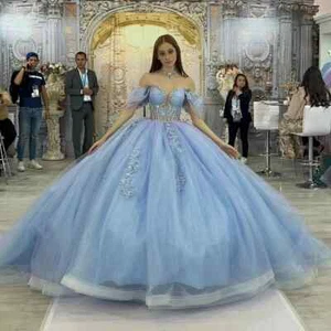 Light Blue Quinceanera Dress Crystal Floral Vestidos De 15 Formal Birthday - Picture 1 of 16