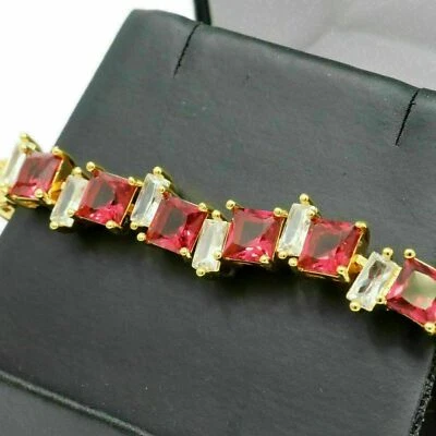 14k Yellow Gold Plated Princess Ruby Emerald Lab Created Diamond Tennis Bracelet - Image 1 of 4