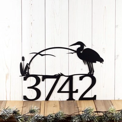 Metal House Number Sign with Great Blue Heron and Cattails - Image 1 of 4
