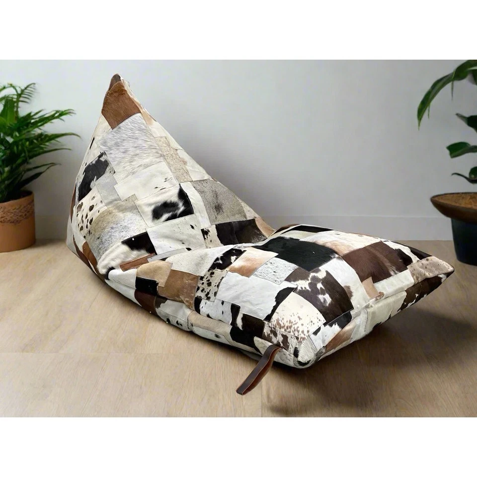 Artisan Cowhide Beanbag Cover – Triangular Patchwork Lounger in Natural Tones - Image 1 of 4