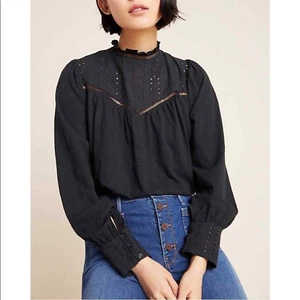 Anthropologie Eri + Ali Allegra Eyelet Long Sleeve Peasant Top | Black | X-Small - Picture 1 of 1