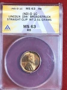lincoln cent  Error 194x D Broadstruck Straight Clip 2.51 Grams Anacs 63 RB - Picture 1 of 10