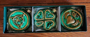 Irish Green Blown Glass Christmas Ornaments Shamrock Triquetra Claddagh, Poland - Picture 1 of 9