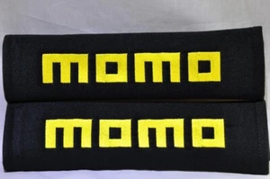 2 pcs (1 PAIR) MOMO Embroidery Seat Belt Cover Shoulder Pads (Yellow on Black) - Picture 1 of 1