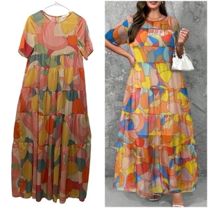Maxi Vestido MULLA Para Mujer Organza en Niveles Talla Pequeña Estampado Cítrico Caleidoscopio Transparente - Imagen 1 de 14