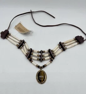 Collana girocollo in osso di bufalo 3 fili tribali nativi americani perline pietra marrone - Foto 1 di 4