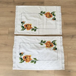 Vintage Mexican Embroidered Pillowcases Yellow Rose Cross-Stitch Lace Trim - Picture 1 of 8