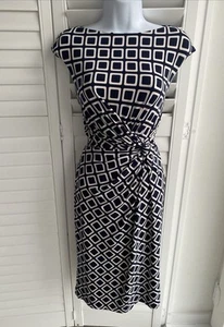 RALPH LAUREN NAVY CREAM GEO - STRETCH ROUCHED TWIST KNOT DRESS - UK 6 8 XS XXS - Picture 1 of 12