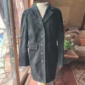 Vtg 90s Y2K Suede Midi Jacket Coat Womens M Black Trench Western Button Goth - Picture 1 of 19
