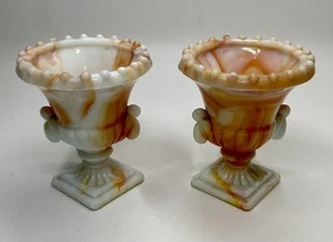 Akro Agate NYC Vogue Merc Co USA Swirled Slag Glass Urn Toothpick Holders GLOWS - Picture 1 of 12