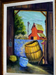 Bluebonnets Blooming Trees Barns Barrel Tool Waterwheel Bird Sky Cloud Painting - Picture 1 of 12