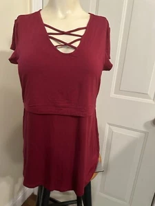 Milk Nursing Wear Short Sleeve Shirt Maroon Criss Cross Stripe Rayon Sz S NWT - Picture 1 of 5