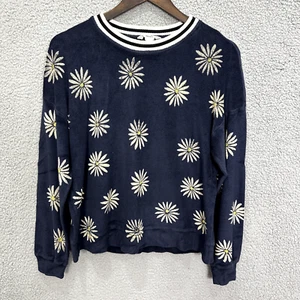 Splendid X Margherita Sweatshirt Womens Small Blue Velour Floral Daisy Oversized - Picture 1 of 5