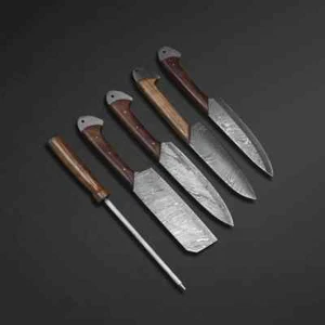 Damascus HandMade Chef Set,Chef knives,Damascus Fix Blades,Chef set with Leather - Picture 1 of 2