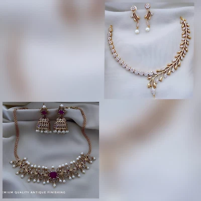 Conjunto combo 2 gargantilha colar pedra roxa pérola folheada a ouro design sul indiano CZ - Imagem 1 de 4