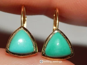 14K YELLOW GOLD TURQUOISE CABOCHON PETITE 6/10th INCH LEVERBACK HUGGIE EARRINGS - Picture 1 of 11