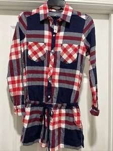American eagle aerie Romper size XS long sleeve red white blue plaid Flannel - Picture 1 of 3